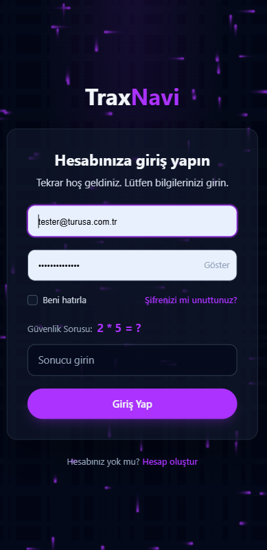 TraxNavi mobile login screen — dark glass UI with purple runway accents